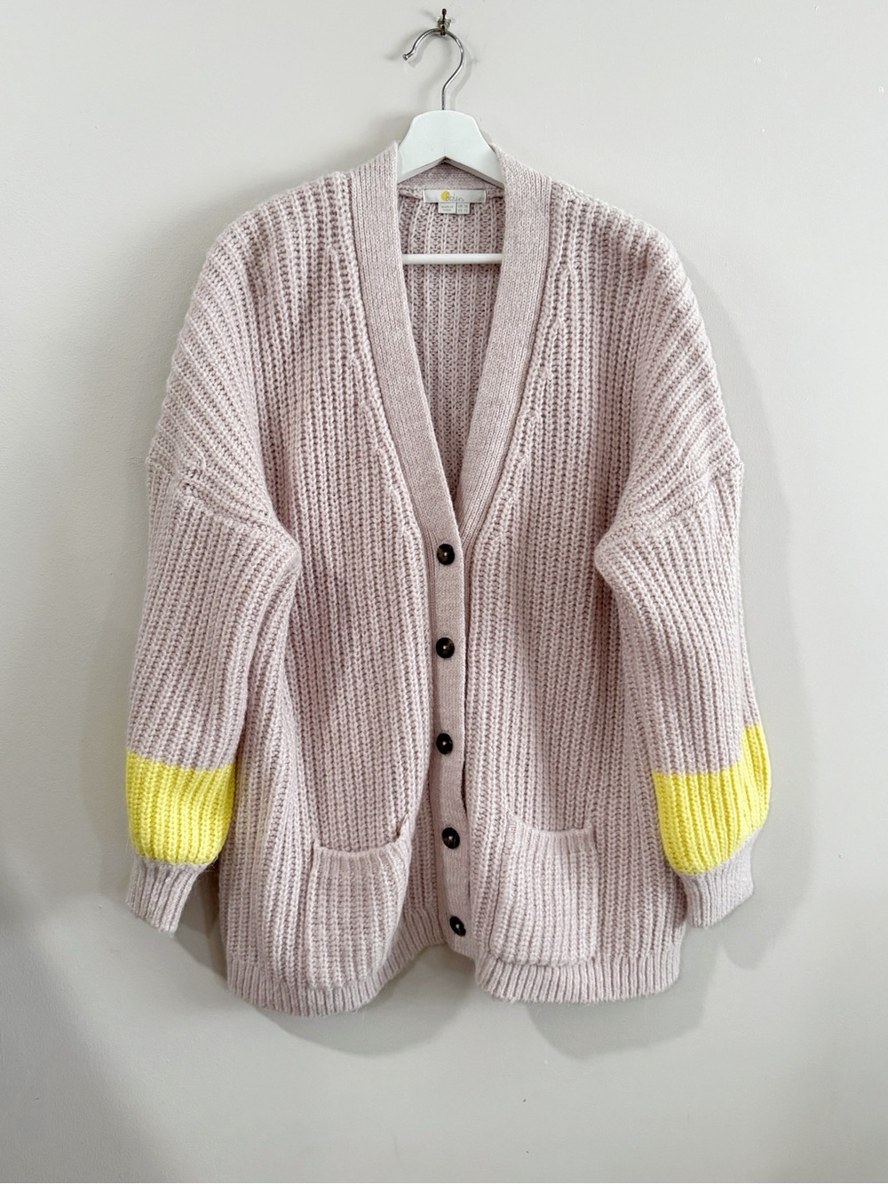 Boden Women 12 Blush Pink Alpaca Wool Chunky Cardigan Yellow Colorblock Preppy